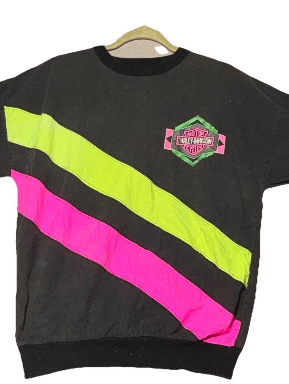Vintage 90s Harley Davidson Neon Black Color Block Top Size Medium Rare Ohio